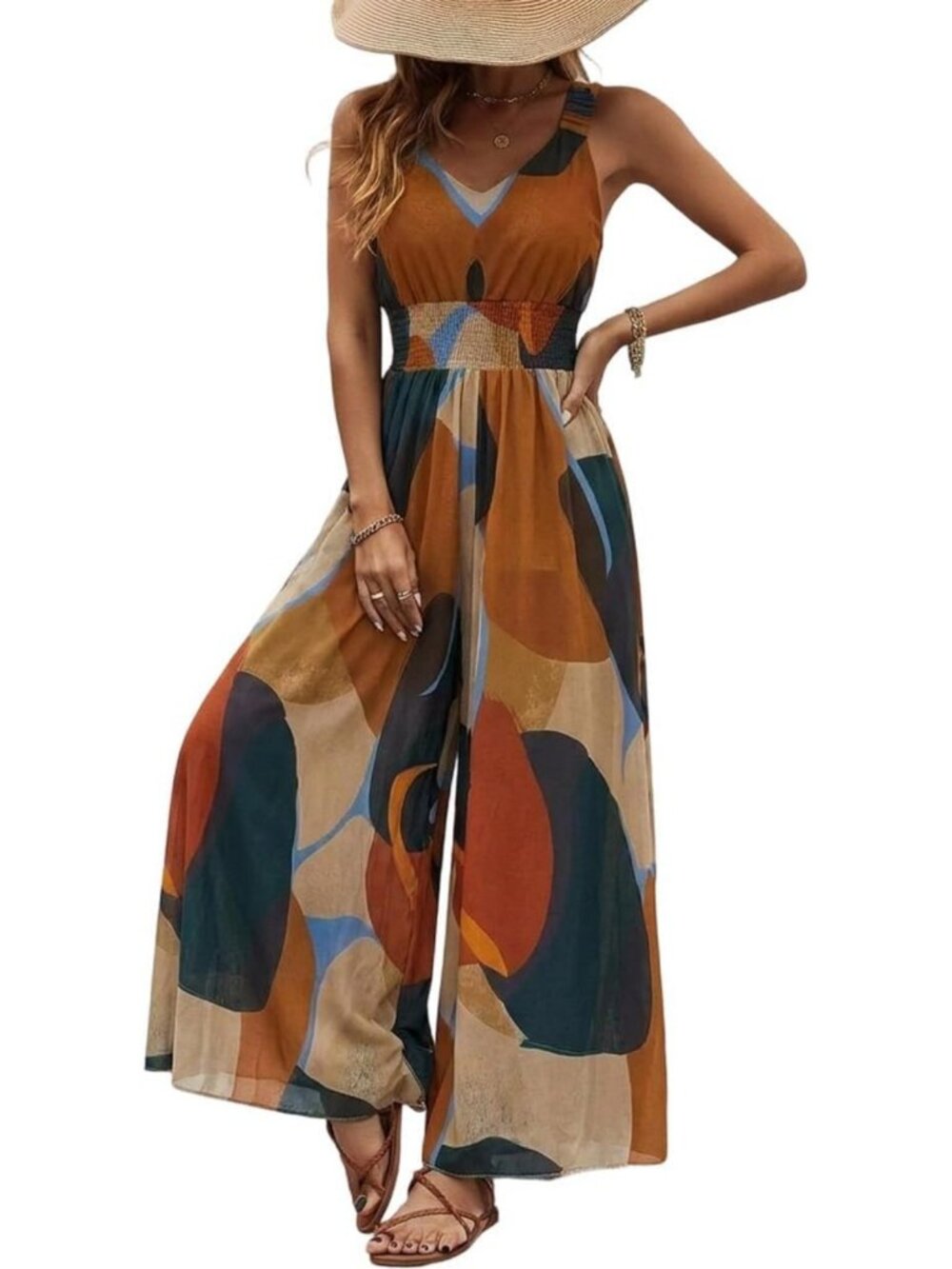 Stylish Abstract Print V Neck Jumpsuit | Trendy Beach Vacation Romper for Women